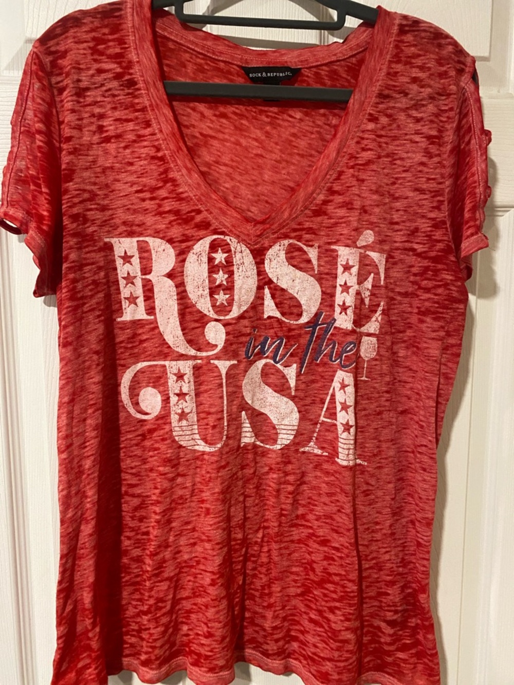 Rock & Republic Red Burnout V-Neck Tee with 'Rosé in the USA' Graphic